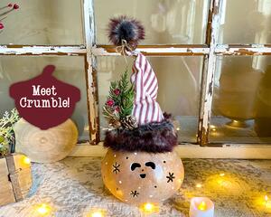 This is a whimsical Christmas elf made with a real dried gourd. This elf's name is Crumble. His face is carved into the round gourd shell. 